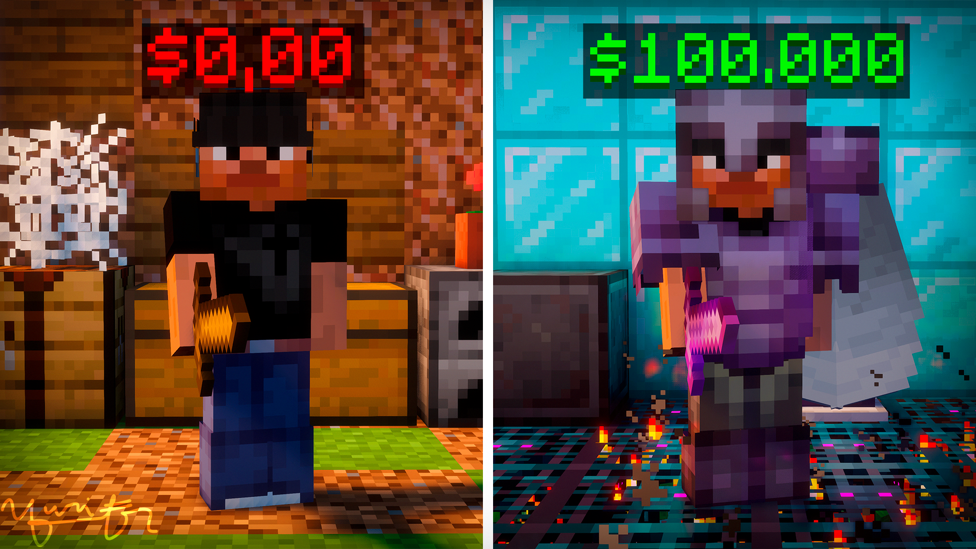 Minecraft YouTube thumbnail showcasing a before-and-after comparison