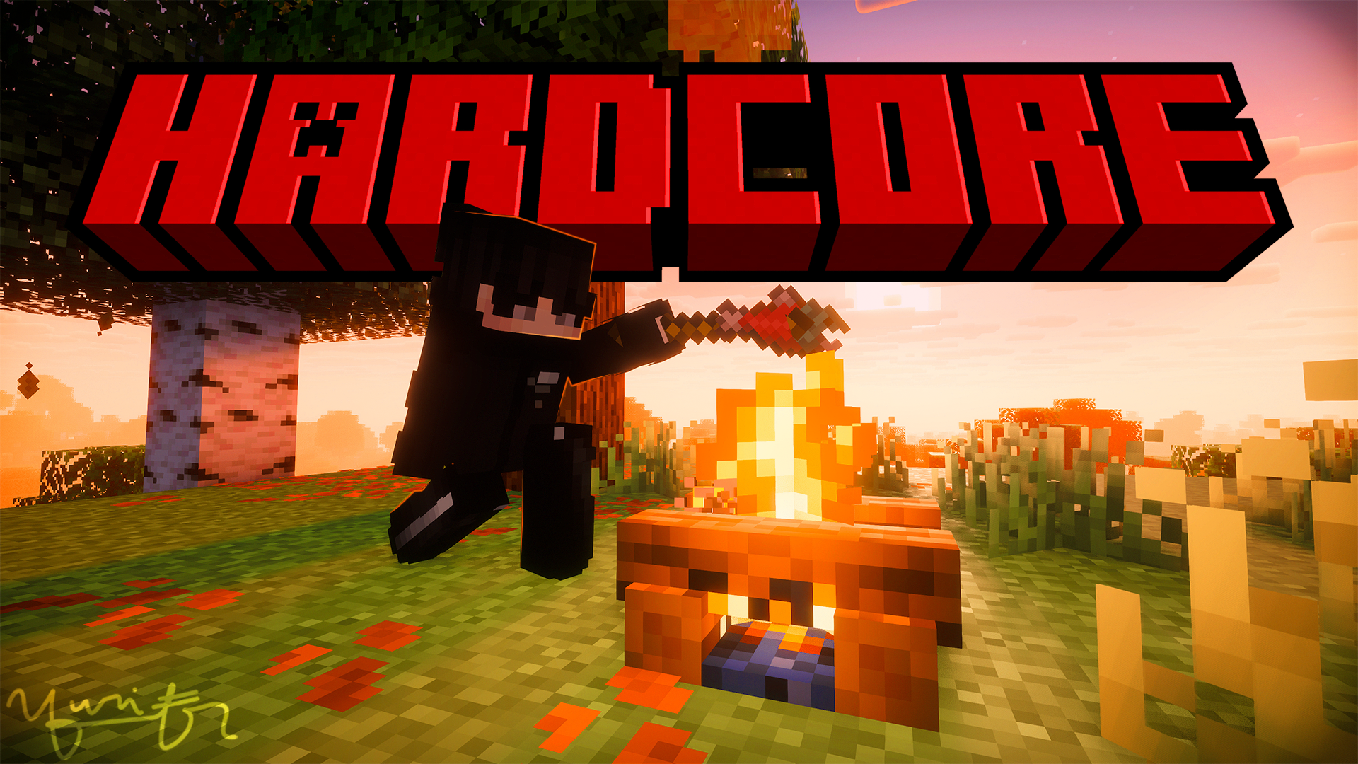 Minecraft YouTube thumbnail with a campfire scene